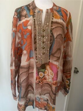 Sixty Days Moa Boho Abstract Sequin Lace Cotton Blouse Top